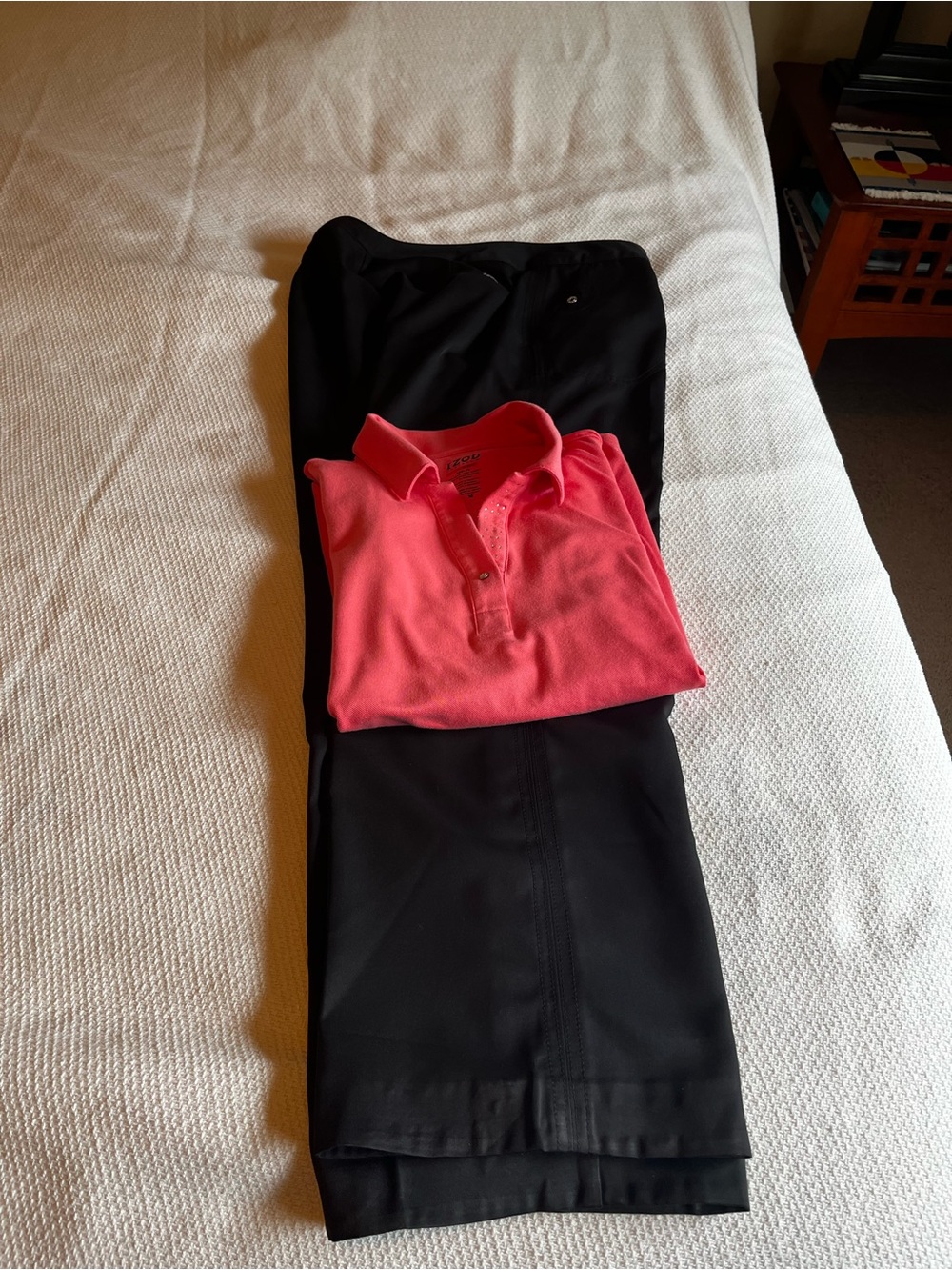 Izod Women’s Golf Set: Black Swingflex pants and dark pink short sleeve tee